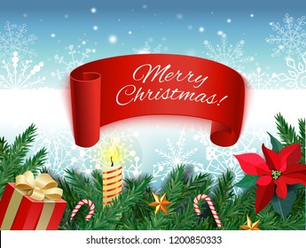 Christmas and New Year. Vector greeting card with Christmas tree, gift box, mistletoe flower, burning candle, caramel cane