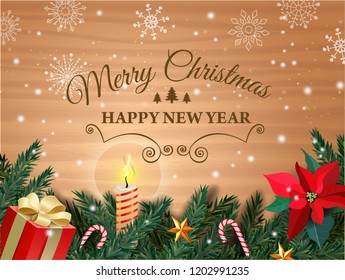 Christmas and New Year. Vector greeting card with Christmas tree, gift box, mistletoe flower, burning candle, caramel cane