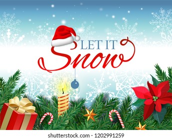 Christmas and New Year. Vector greeting card with Christmas tree, gift box, mistletoe flower, burning candle, caramel cane