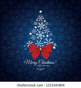 Christmas and New Year. Vector greeting card with red bow and Christmas tree