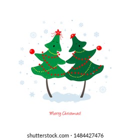 Christmas and New Year. Vector greeting card  with Merry Christmas trees sing songs.