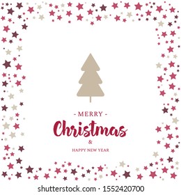 Christmas and New Year vector greeting card design.Postcard with red stars, gold tree and calligraphy.