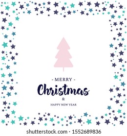 Christmas and New Year vector greeting card design.Postcard with blue stars, pink tree and calligraphy.