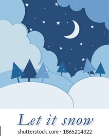 Weihnachts- und Neujahr-Vektorkarte. Papierschnitt-Design. schneebedeckte Hügel mit Tannenbäumen und glühendem Mond. Sternenhimmel. flauschige Wolken.