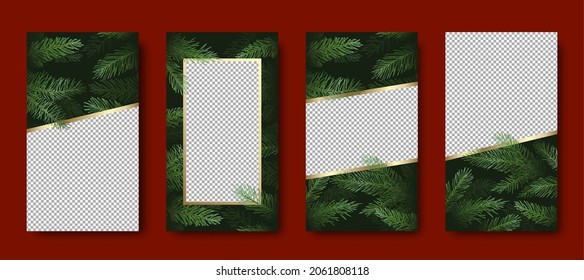 Christmas   New Year Vector Greeting Cards Posters Set  Pine Branches Background and Copy Space Picture Places  Winter Holidays Social Networks Stories Decoration Templates Collection 