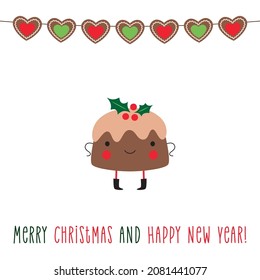 Christmas and New Year vector greeting card with a cute holiday pudding