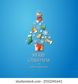 Christmas and New Year. Vector greeting card, Christmas items such as socks, gifts, snow globe, Christmas tree shaped