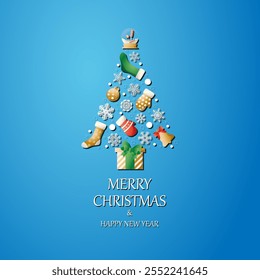 Christmas and New Year. Vector greeting card, Christmas items such as socks, gifts, snow globe, Christmas tree shaped