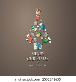 Christmas and New Year. Vector greeting card, Christmas items such as socks, gifts, snow globe, Christmas tree shaped