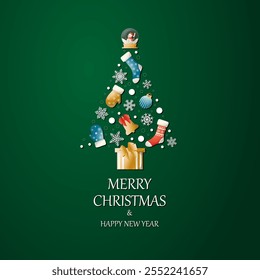 Christmas and New Year. Vector greeting card, Christmas items such as socks, gifts, snow globe, Christmas tree shaped