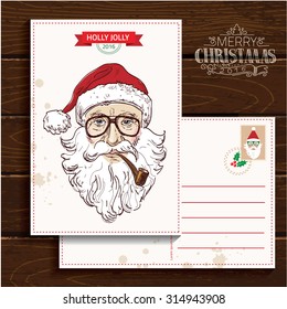 Christmas and New Year  Vector greeting card. Hand drawn Santa.