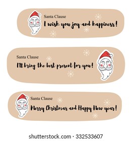 Christmas and New Year vector greeting cards with head of Santa Clause and texts of congratulations.