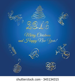 Christmas and New Year vector greeting card. Flourish golden Christmas elements. 