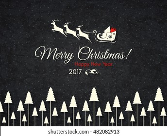 Christmas and New Year. Vector greeting card. With flying deer
