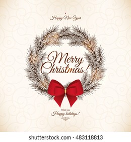 Christmas and New Year. Vector greeting card with Christmas wreath and red bow