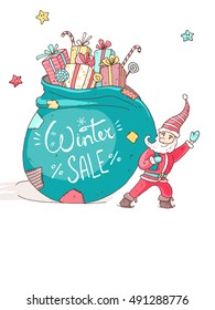 Christmas and New Year vector greeting card. Little santa with the very big bag with gifts and candys.