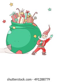 Christmas and New Year vector greeting card. Little santa with the very big bag with gifts and candys.