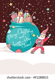 Christmas and New Year vector greeting card. Little santa with the very big bag with gifts and candys.