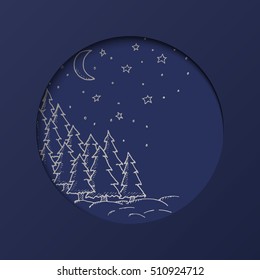 Christmas and New Year Vector greeting card with Christmas trees, moon and stars