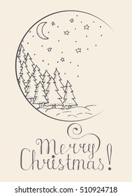 Christmas and New Year Vector greeting card with Christmas trees, moon and stars