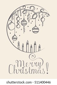 Christmas and New Year Vector greeting card with Christmas decorations, candles and ribbons