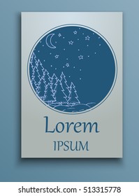 Christmas and New Year Vector greeting card with Christmas trees, moon and stars