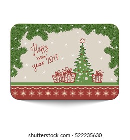Christmas and New Year Vector greeting card with spruce branch, Christmas tree and gifts. Eps-10.