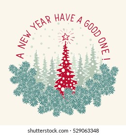 Christmas and New Year Vector greeting card with spruce branch tree.