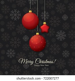 Navidad y Año Nuevo. Tarjeta de felicitación vectorial. Bolas rojas brillantes