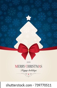 Christmas and New Year. Vector greeting card with red bow and Christmas tree