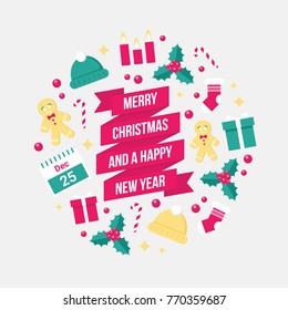 Christmas and New Year Vector Greeting Card with Red Ribbon, Holly (Ilex), Sparkles, Candles, Candy Cane, Stockings, Winter Hat, Gift Box, Gingerbread Man and Calendar on Bright Background