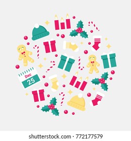 Christmas and New Year Vector Greeting Card with Red Ribbon, Holly (Ilex), Sparkles, Candles, Candy Cane, Stockings, Winter Hat, Gift Box, Gingerbread Man and Calendar on Bright Background