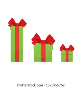
Christmas and New Year, vector group of three green gift boxes with red ribbons on a white background.