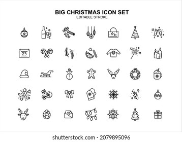 Christmas and new year vector icon set. Editable stroke. Festive illustration.Ornament, ball, wreath, snowman, lights, tree, ribbon, gifts and sweets. Minimal design