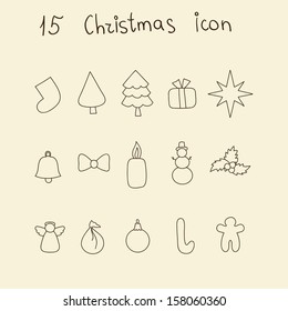 Christmas and New Year vector icons collection. Set of hand drawn outline Christmas elements: sock, tree, gift, star, snowman, angel, cook, holly, bell, candy, etc. Can be used for application, web.