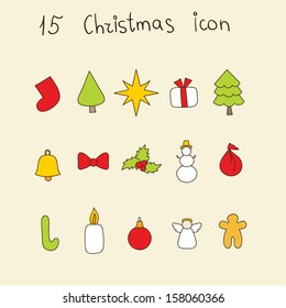 Christmas and New Year vector icons collection. Set of hand drawn color Christmas elements: sock, tree, gift, star, snowman, candle, angel, cook, holly, bell, etc. Can be used for application, web.