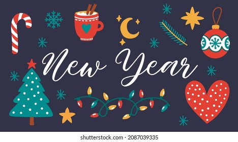 Christmas New Year vector icons set greeting card template