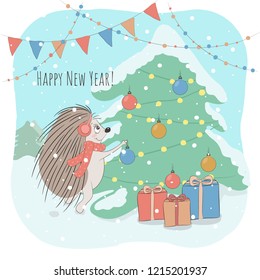 Christmas and New Year vector illustration with lovely hedgehog decorating fir tree and Happy New Year phrase. Perfect for kids cards posters, book illustartion and other design project. Eps10.