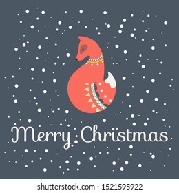 Christmas and New year vector illustration in scandinavian retro style with fox and snowflakes