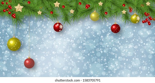Christmas and New Year vector illustration. Fir tree branches border on blurred background with stars,  snowflakes and bokeh effect