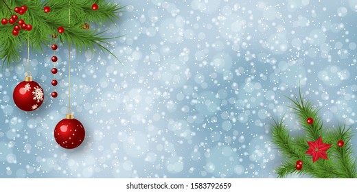 Christmas and New Year vector illustration. Fir tree branches border on blurred background with stars,  snowflakes and bokeh effect