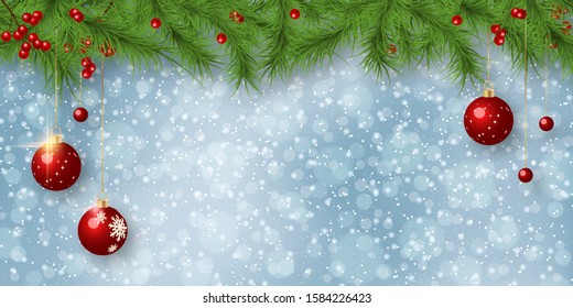 Christmas and New Year vector illustration. Fir tree branches border on blurred background with stars,  snowflakes and bokeh effect