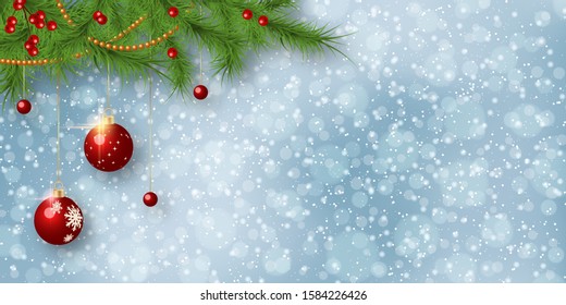 Christmas and New Year vector illustration. Fir tree branches border on blurred background with stars,  snowflakes and bokeh effect