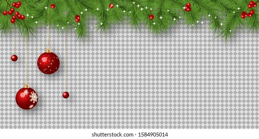 Christmas And New Year Vector Illustration. Fir Tree Branches Border On Transparent Background