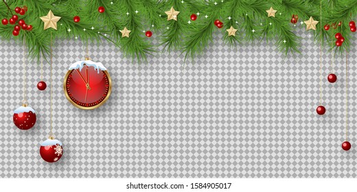Christmas and New Year vector illustration. Fir tree branches border on transparent background
