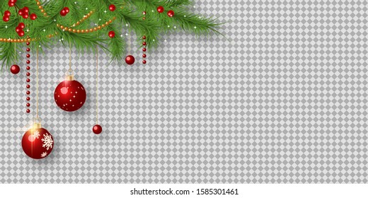 Christmas and New Year vector illustration. Fir tree branches corner with winter decor on transparent background
