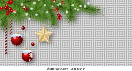 Christmas and New Year vector illustration. Fir tree branches corner with winter decor on transparent background