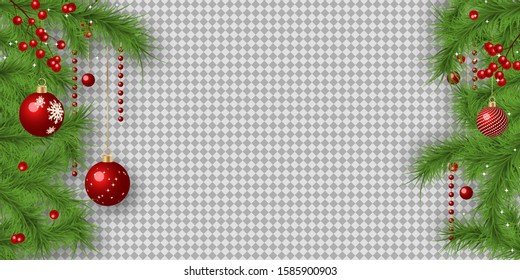 Christmas and New Year vector illustration. Fir tree branches border on transparent background