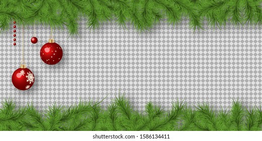 Christmas and New Year vector illustration. Fir tree branches border with winter decor on transparent background