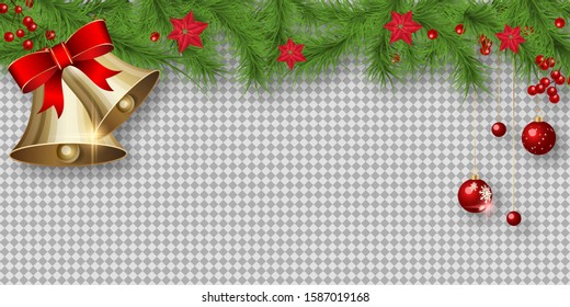 Christmas and New Year vector illustration. Fir tree branches border with winter decor on transparent background